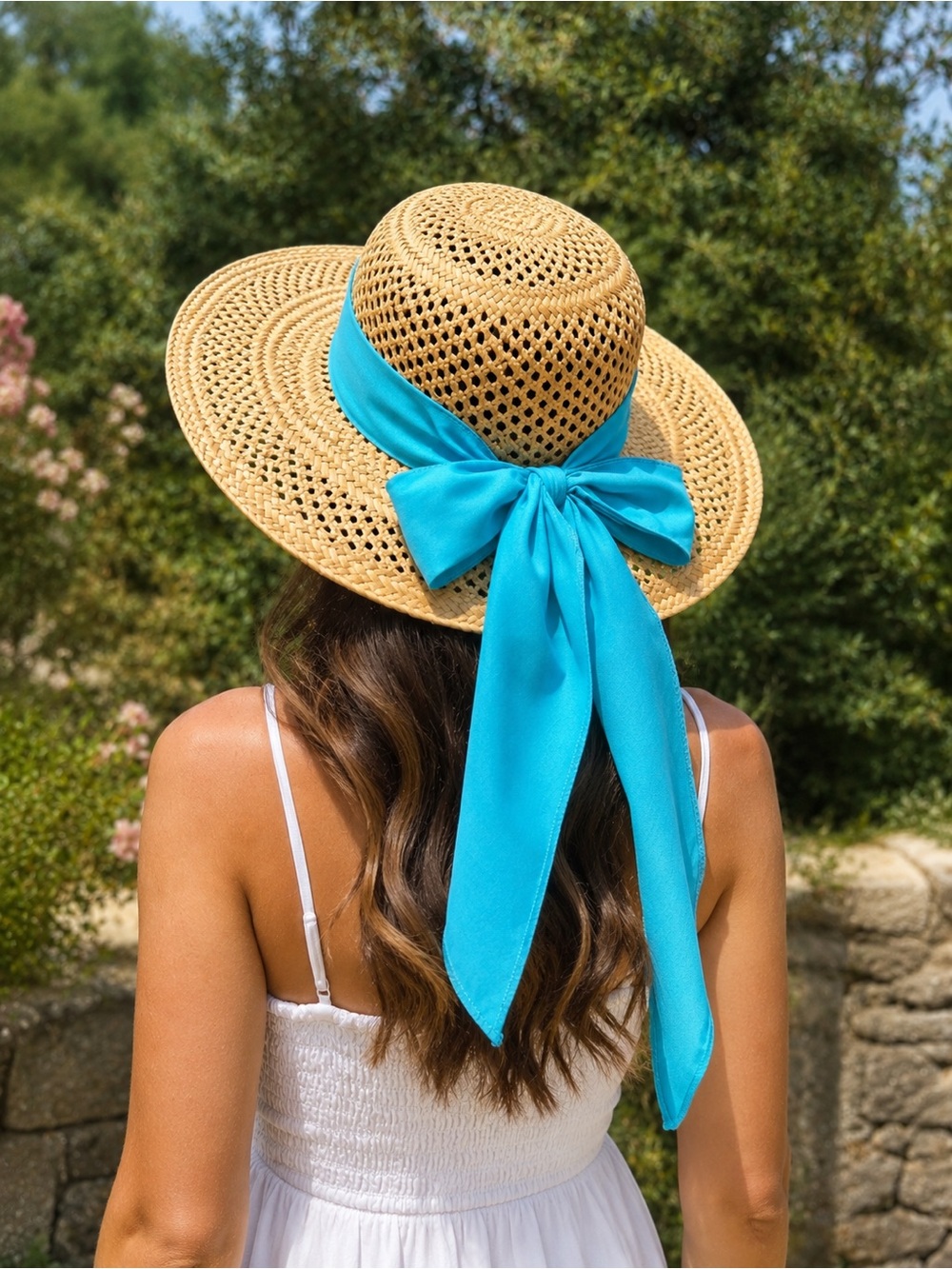 Atlas Wide Brim Straw Sun Hat with Turquoise Bow